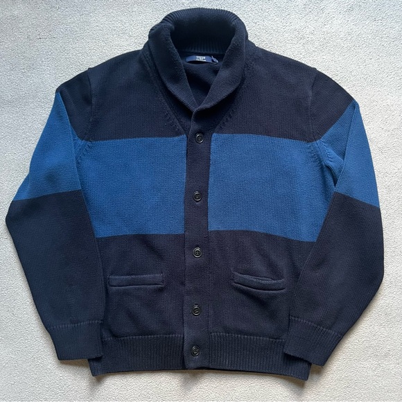 J Crew Sweater Mens Extra Large Blue Stripe Color Block Shawl Collar Cardigan - Picture 1 of 12